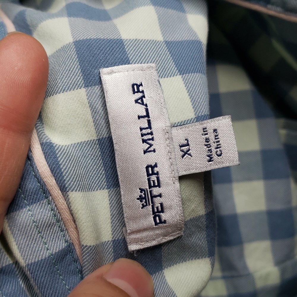 Peter Millar Cotton Silk Button Up Long Sleeve Shirt Size XL Gingham Plaid Logo - Picture 7 of 12